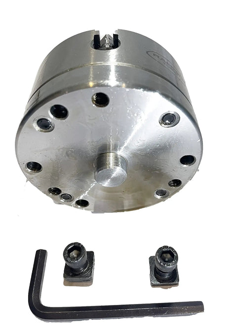 4 Inch Tilting Rotary Table For Milling Machines With 80mm 4 Jaw Independent Chuck Back Plate And T Nuts shown from top angle