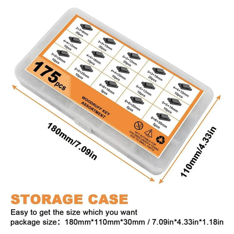 175-Piece Stainless Steel Feather Key Set Kit For Gearheads, showcase with labeled compartments and dimensions