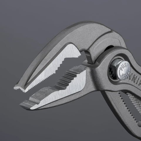 Cobra ES Extra-Slim 10 Inch Pump Pliers With Narrow Jaws For Gripping Round Parts, showing heavy-duty front serration in detail.