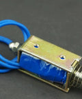 5N 12V DC Push Pull Open Frame Solenoid Electromagnet With Built In Mounting Board Miniature Spring Loaded Actuator For ATM Machines Vending Heavy Duty Industrial Use, blue wire lead