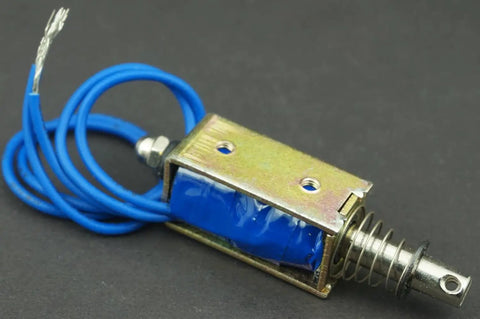 5N 12V DC Push Pull Open Frame Solenoid Electromagnet With Built In Mounting Board Miniature Spring Loaded Actuator For ATM Machines Vending Heavy Duty Industrial Use, blue wire lead