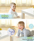 Comparison of a table with and without Thickened Corner Guards For Baby Proofing Tables, 12 Pack Soft PVC Edge Protectors showing baby safety.