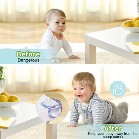Comparison of a table with and without Thickened Corner Guards For Baby Proofing Tables, 12 Pack Soft PVC Edge Protectors showing baby safety.