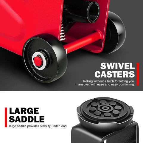 Close-up view of red Low Profile Hydraulic Trolley Floor Jack 1.5 Ton Capacity 3000 Lbs with swivel casters and large saddle.