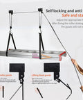 Dual Overhead Ladder Storage Hoist For Garage Or Shed Ceiling Pulley Lift System Holds 125 Lb And Fits Folding Telescoping Extension And Step Ladders Easy Install And Smooth Retrieval shown securing ladder