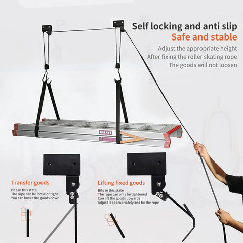 Dual Overhead Ladder Storage Hoist For Garage Or Shed Ceiling Pulley Lift System Holds 125 Lb And Fits Folding Telescoping Extension And Step Ladders Easy Install And Smooth Retrieval shown securing ladder