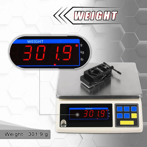 Adjustable Bike Saw Guide For Forks, Steerers, Seat Posts And Tubes On digital scale showing 301.9 grams