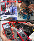 Pro Grade True RMS Digital Multimeter Tester 750V-1000V Range in various uses: lab, DIY, voltage test, auto inspection.