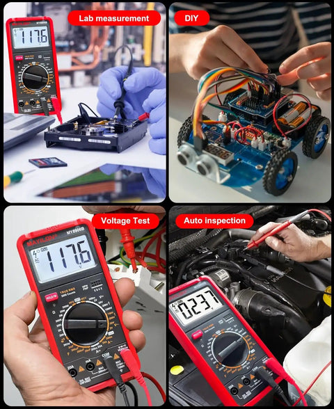 Pro Grade True RMS Digital Multimeter Tester 750V-1000V Range in various uses: lab, DIY, voltage test, auto inspection.