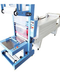 Built Tough Semi Automatic Plastic Film Sleeve Sealing Machine And Heat Shrink Packager with blue frame and conveyor for bottles.