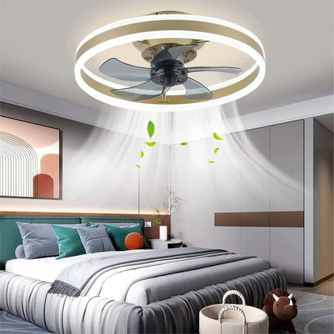 Flush Mount Ceiling Fan With Remote Control, 19.7 Inch Bladeless LED Light in modern bedroom setting