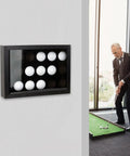 Top Notch Wood Golf Ball Display Case For 15 Balls, Wall Mount Or Freestanding Shadow Box With EVA Foam Protection on wall.