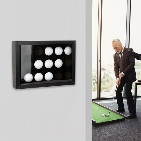 Top Notch Wood Golf Ball Display Case For 15 Balls, Wall Mount Or Freestanding Shadow Box With EVA Foam Protection on wall.