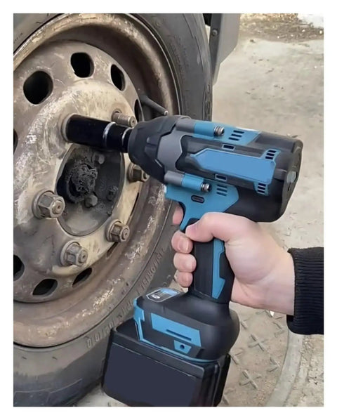 Heavy Duty Cordless Impact Wrench With Brushless Motor For Car Tire Changes And Truck Maintenance in action on a car wheel.