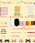 Image of Easy Peasy Beginner Crochet Kit For Amigurumi Cats Five Pack Includes Step By Step Video Tutorials With All In One Craft Set Nine Color Yarn Stuffing Eyes Ergonomic Crochet Hook Yarn Needle And Stitch Markers showing contents.