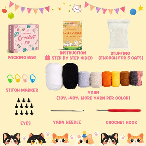 Image of Easy Peasy Beginner Crochet Kit For Amigurumi Cats Five Pack Includes Step By Step Video Tutorials With All In One Craft Set Nine Color Yarn Stuffing Eyes Ergonomic Crochet Hook Yarn Needle And Stitch Markers showing contents.