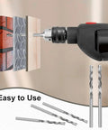 Heavy Duty Drill Bit Set For Drywall And Wood M2 High Speed Steel Guide Point Bits Fifty Drywall Bits One Eighth Inch And Fifty Wood Cutting Bits Silver Finish in use with drill