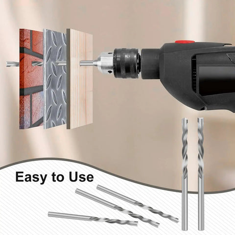 Heavy Duty Drill Bit Set For Drywall And Wood M2 High Speed Steel Guide Point Bits Fifty Drywall Bits One Eighth Inch And Fifty Wood Cutting Bits Silver Finish in use with drill
