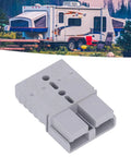 Heavy Duty Quick Connect Battery Power Plug Hella Tough 120 Amp 600 Volt Disconnector With Flame Retardant Housing For Trucks Winches And Electric Vehicles Comes In A Two Pack, gray connector against camping backdrop.