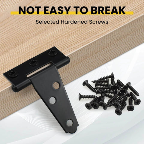 8 Pcs T Strap Gate Hinges Heavy Duty 2 Inch Black Iron Tee Shed Hinges with mounting screws shown in use on wooden surface