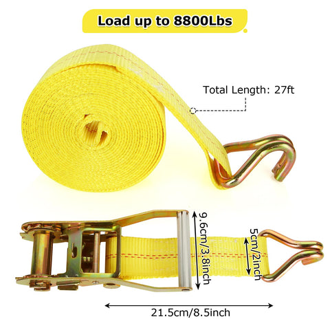4 Pack 2 Inch Ratchet Straps 27 Ft Heavy Duty Tie Down Set With Double J Hooks 10000 Lbs Break Strength detail view