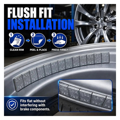 One Sixth Oz Adhesive Wheel Weights, Low Profile Sticky Tire Balancers For Cars Trucks SUVs And Cycles, Heavy Duty Iron 24 Pack showing flush fit installation steps.