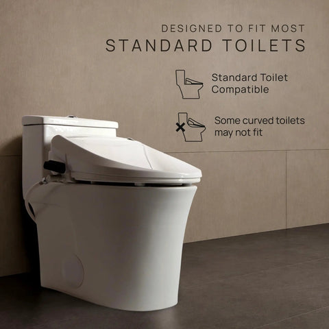 Slick Smart Bidet Toilet Seat With Heated Seat And Warm Water Spray Plus Air Dryer Remote Control, side view on standard toilet.
