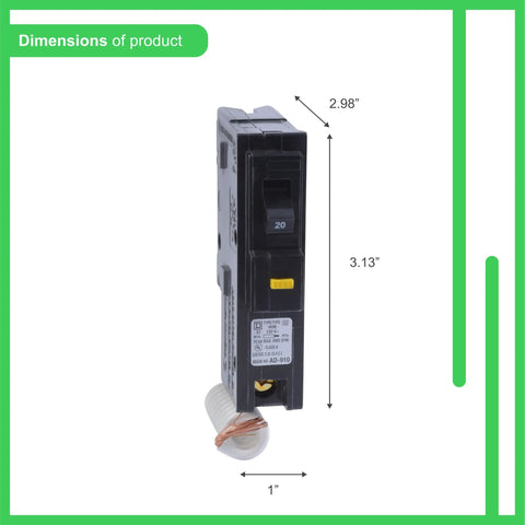 Homeline 20 Amp 1 Pole GFCI Mini Circuit Breaker For 120V AC Home Electrical Panels Plug In Mount with size dimensions.
