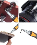 Heavy Duty Ratchet Screwdriver Set With Magnetic Bits, Sleek Mechanic Tool Kit For Tough Household Repairs And Handyman Jobs You Gotta Get Done Fast. magnetic bits used on phone, camera, and hinge repairs
