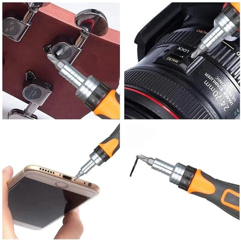 Heavy Duty Ratchet Screwdriver Set With Magnetic Bits, Sleek Mechanic Tool Kit For Tough Household Repairs And Handyman Jobs You Gotta Get Done Fast. magnetic bits used on phone, camera, and hinge repairs