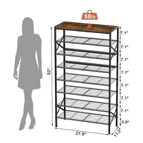 8-Tier Tall Shoe Rack Organizer For Entryway And Closet, Fits 24-32 Pairs, Heavy-Duty Metal Frame With Wood Top Shelf, Rustic Brown Finish
