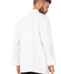 Back view of Le Mans Chef Coat for Men White Large with Easy Movement Fit, showing flexible chest and sleeve cut.