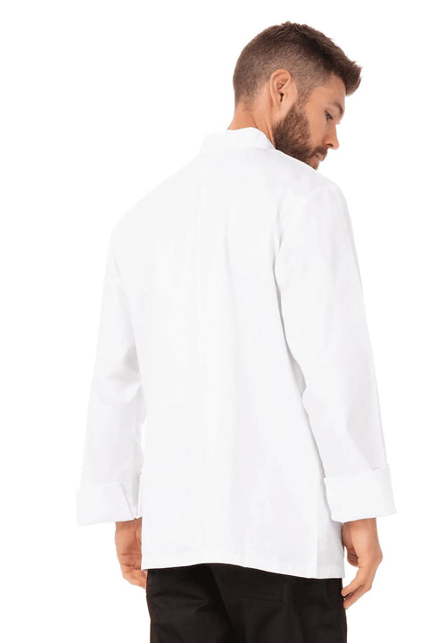 Back view of Le Mans Chef Coat for Men White Large with Easy Movement Fit, showing flexible chest and sleeve cut.