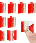 Clear Plastic Hinges 8 Pack Self Adhesive Acrylic Piano Hinges for Cabinets and DIY Projects with red backing, close-up view