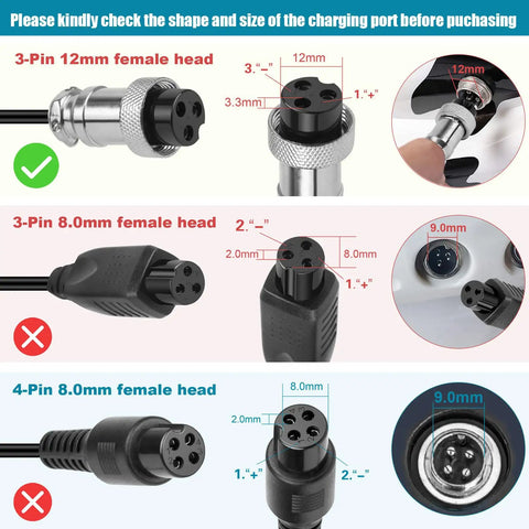 Image showing various charging port sizes and shapes for Beefy 28V 2A Fast Charger For Electric Scooters And Dirt Quads.