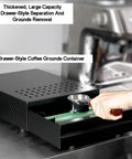 Heavy Duty Espresso Knock Box Drawer Featuring Shock Absorbing Removable Tap Bar And Grip Lock Base Designed To Save Counter Space And Keep Your Daily Brew Routine Zero Mess In Black with tap bar.