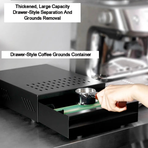 Heavy Duty Espresso Knock Box Drawer Featuring Shock Absorbing Removable Tap Bar And Grip Lock Base Designed To Save Counter Space And Keep Your Daily Brew Routine Zero Mess In Black with tap bar.
