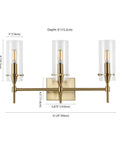 Brass Gold Modern Farmhouse LED Vanity Light Sconce With Clear Glass Cylinder Shade and dimensions for Bathroom Wall