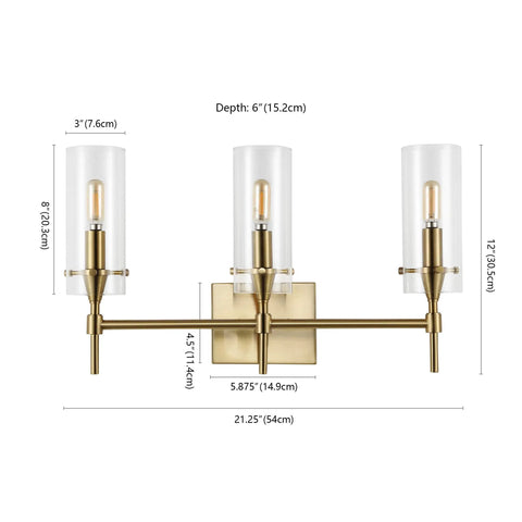 Brass Gold Modern Farmhouse LED Vanity Light Sconce With Clear Glass Cylinder Shade and dimensions for Bathroom Wall