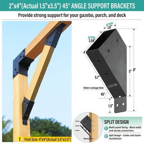Four Piece 45 Degree Angle Bracket For 2x4 Wood Posts With 1.5x3.5 Actual Size Built To Last Heavy Duty Support Brackets For Gazebos Pergolas Decks Garages Sheds Treehouses And More