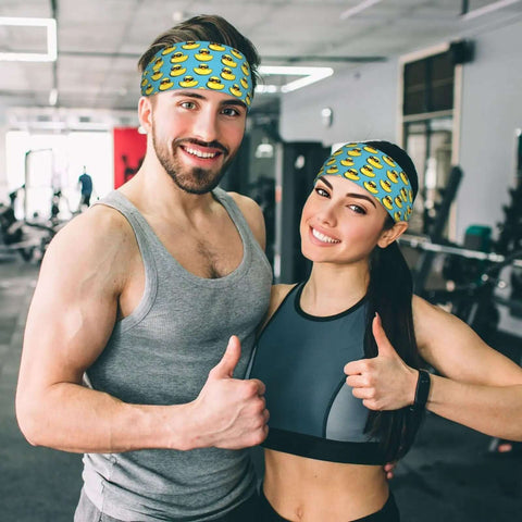 Two people wearing Sunglasses Print Headbands For Women And Men Moisture Wicking Sweat Bands For Running Gym Workouts in a gym