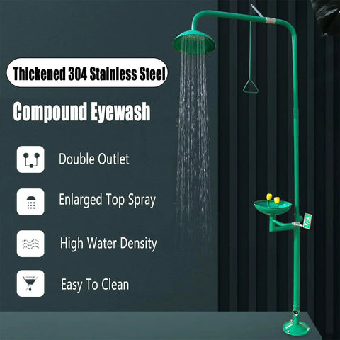 Emergency Eye Wash Station With Eyewash And Shower Kit In Stainless Steel With ABS Coating showing double nozzle and shower spray