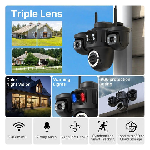 Knockout Quality Outdoors Wireless Security Cam Featuring Sharp AI Human Detection And Crisp 720P HD Video with triple lens design.