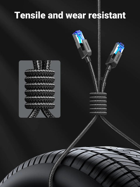 Cat8 Ethernet cable by UGREEN, 6ft braided black, shielded RJ45 with two connectors visible