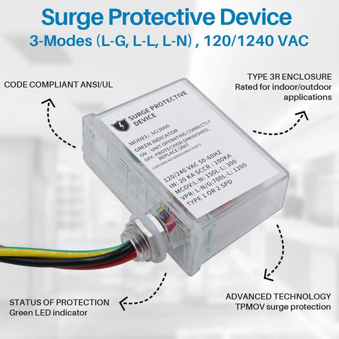 Heavy-Duty HVAC Surge Protector With TPMOV Tech and Three Modes L-G L-L L-N, Watertight Enclosure, 120/240 VAC, UL Listed