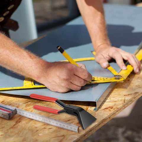 Worker measuring sheet metal with yellow ruler, Beefy Heavy Duty Sheet Metal Bender Pliers With 45 Degree Wide Jaw 60 Millimeter tool nearby