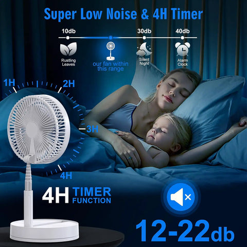 Foldable Portable Oscillating Fan With 8000mAh USB C Battery Quiet Remote Desk Fan near sleeping child in bedroom