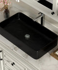 Black rectangular vessel sink on white vanity, matching the Rectangular White Vessel Sink For Bathroom Above Counter Porcelain Ceramic Lavatory Vanity Basin Modern 24 By 14 Inch Durable Ceramic With Dope Glossy Glaze Finish No Fuss Clean And Easy Maintenance For A Sleek Modern Look description.