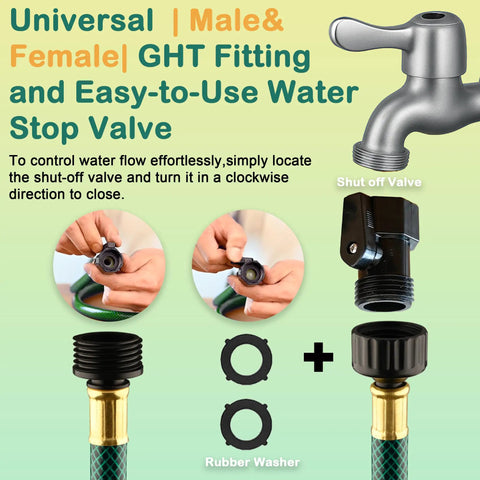 Universal male and female GHT fitting with water stop valve for Three Foot Leader Hose With One Half Inch Male To Female Fittings.