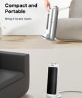 Person moving Powerful 1500W Ceramic Space Heater With Wide Oscillation, placed next to sofa in living room